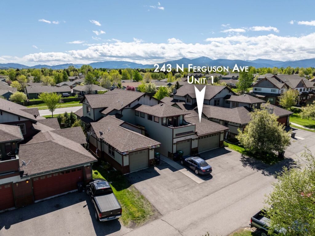 243 Ferguson, Unit 1, aerial of back of property with arrow