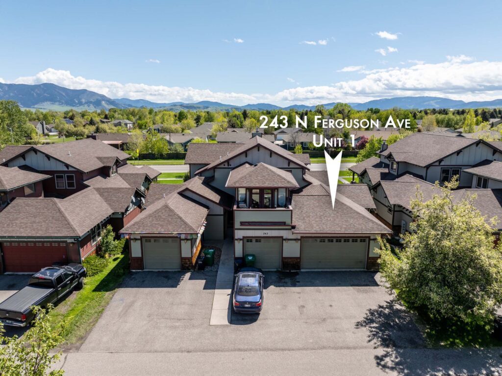 243 Ferguson, Unit 1, aerial of back of property with arrow