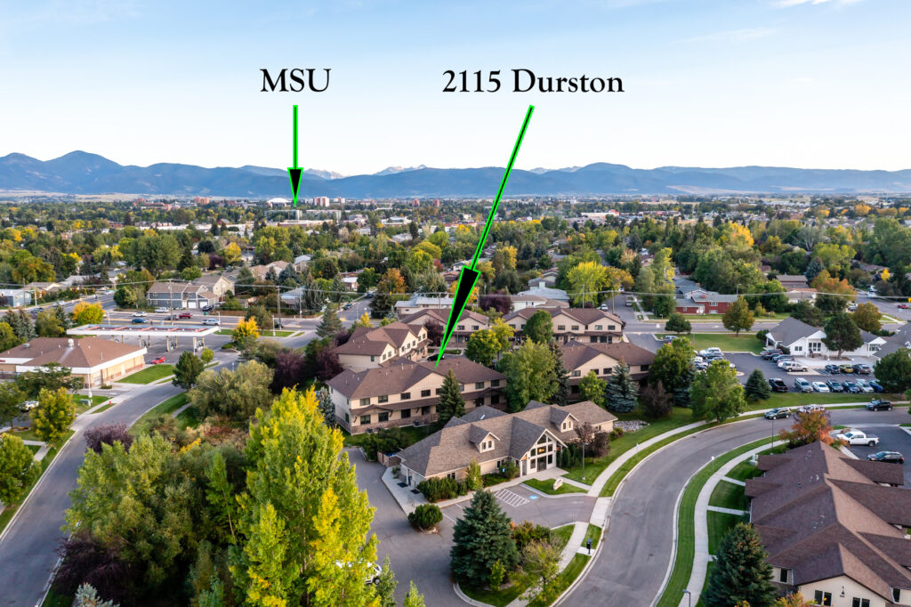 2115 Durston Rd, Unit 11, aerial map with arrow to MSU and 2115 Durston