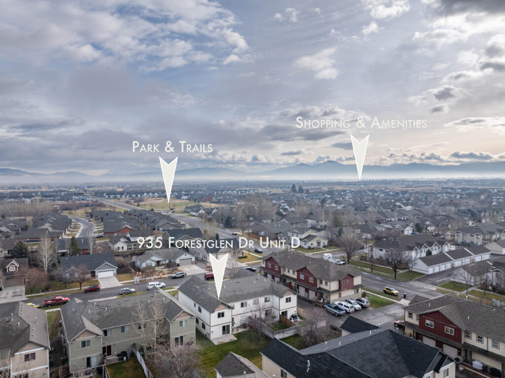 935 Forestglen Dr, Unit D - aerial with arrows to MSU, parks