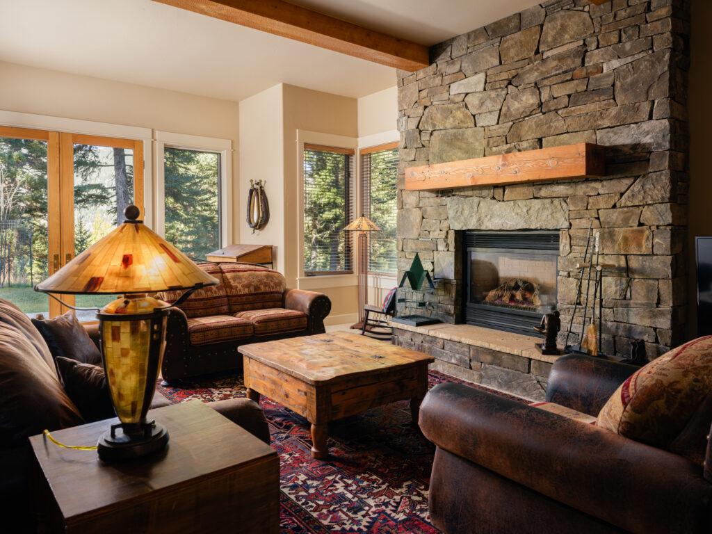 1055 Skywood Rd, lower living room with fireplace